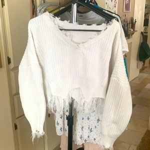 Cropped White Frayed Sweater
